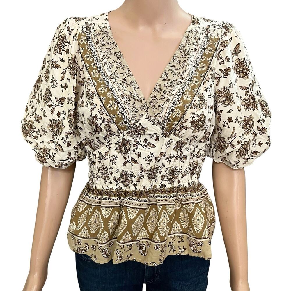 Loft Boho Peasant Top Small Puff Sleeve Peplum Floral V Neck Vacation Popover